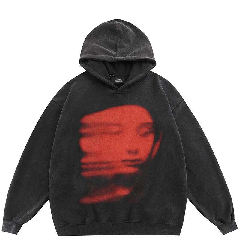 2024 Oversize Hoodie Sweatshirt Women Men Streetwear Face Ghost Shadow Graphic Haruku Retro Washed Black Hooded Pullover Y2K