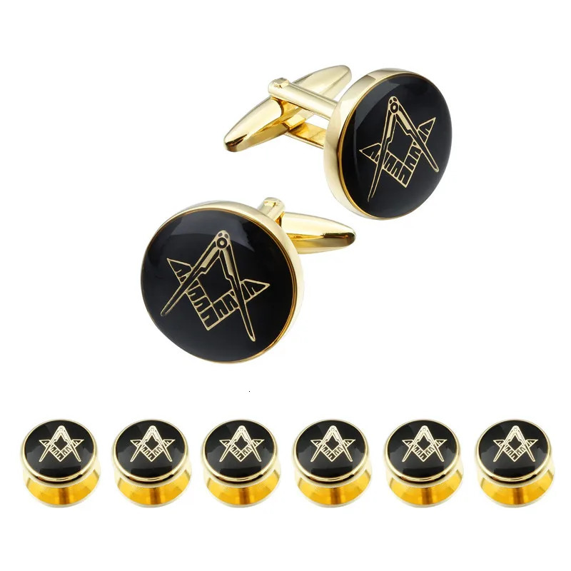 HAWSON Fashion Freemason Cufflinks and Studs Set High Quality Gold and -Plated Cufflinks Engraved 4/6 pcs Studs Set 250220