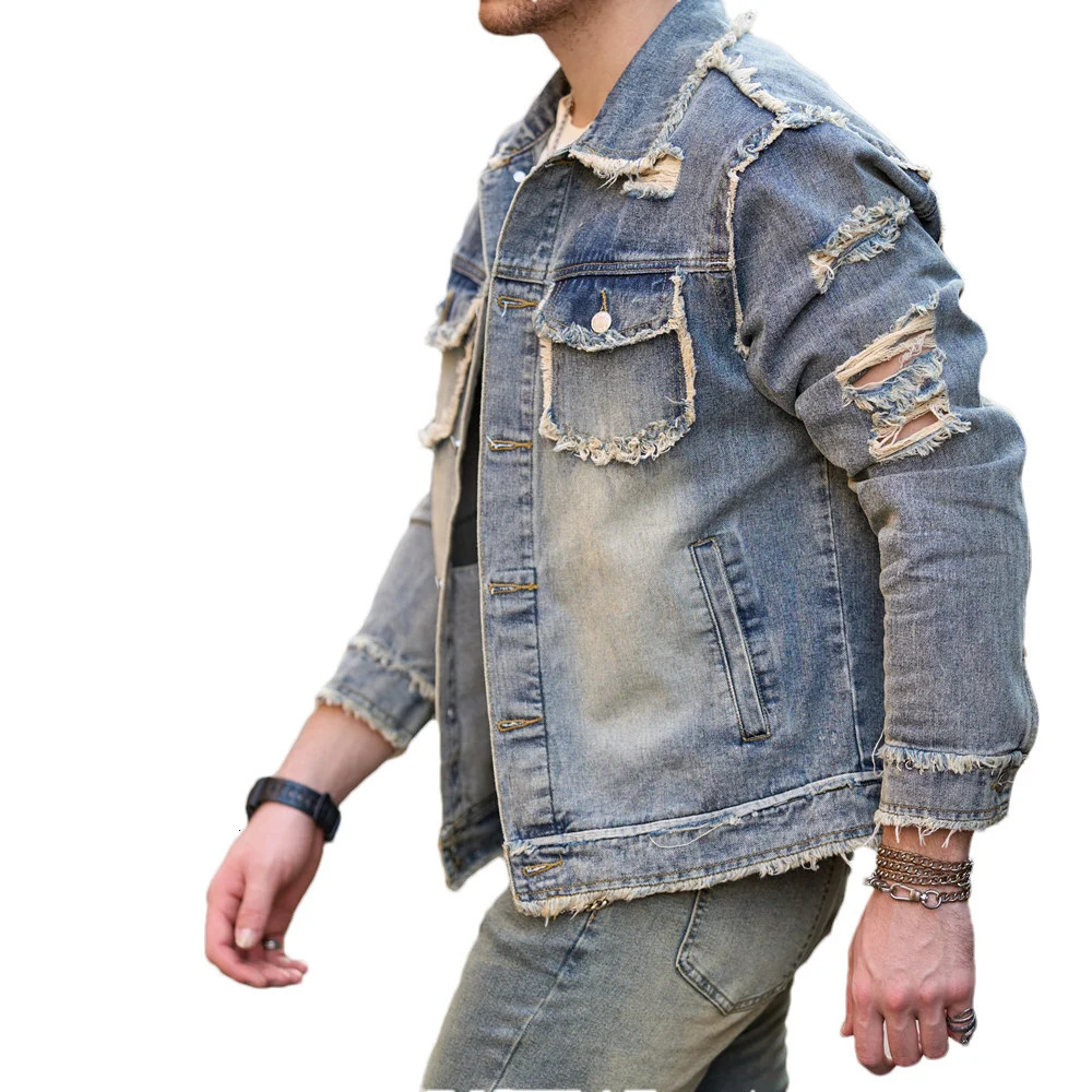 Street Stylish Retro Style Holes Slim Street Denim Jacket Coat Good Quality Distressed Male Casual Denim Jacket 250224
