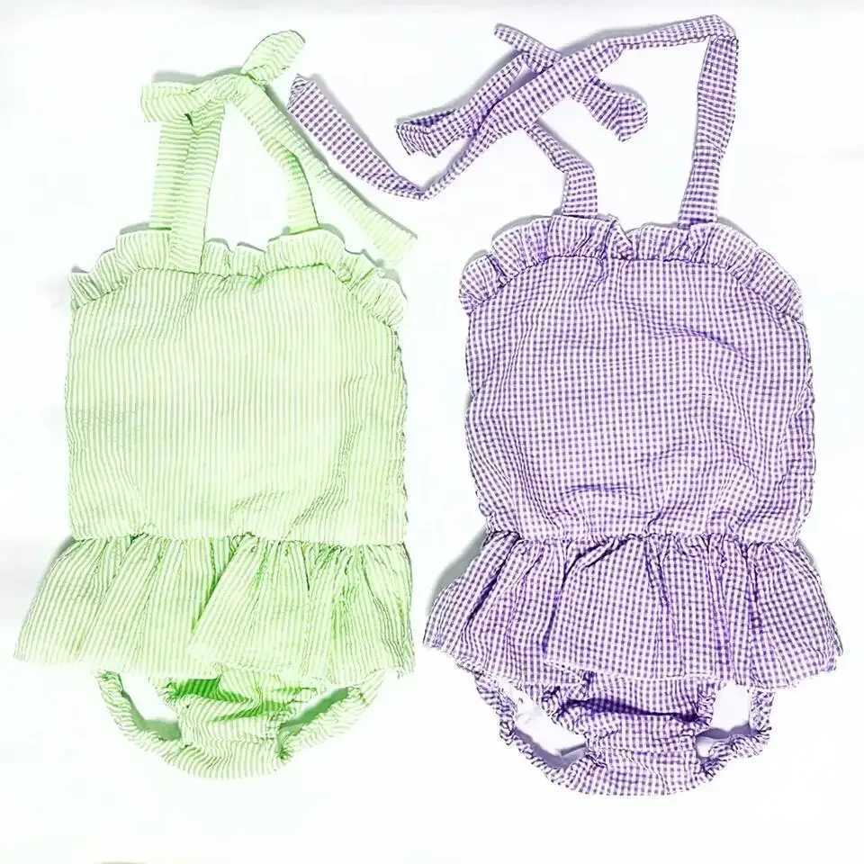 Ruffles Summer 100% Cotton Baby Clothes Toddler Swimsuit Seersucker Infant Kids One Piece Bikini Beachwear Ruffle Girls Swimwear X250224