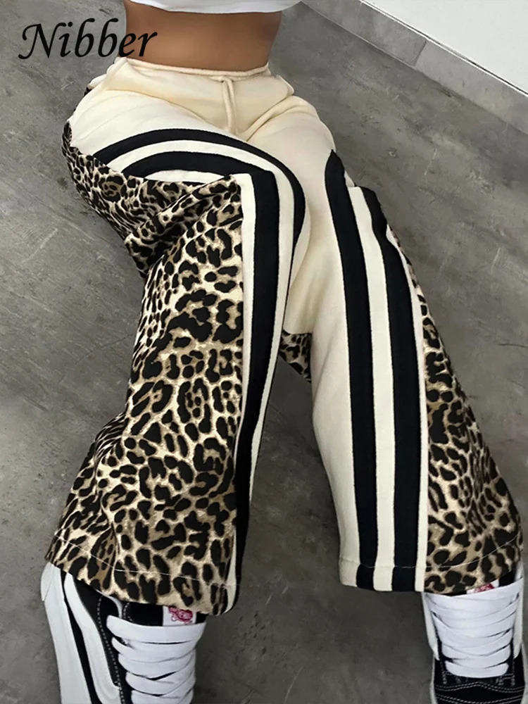 Nibber Side Stripe Women Flare Pants Autumn Hipster Leopard Patchwork Pocket Casual Wild Basic Street Sports Sweatpants Trousers 250225