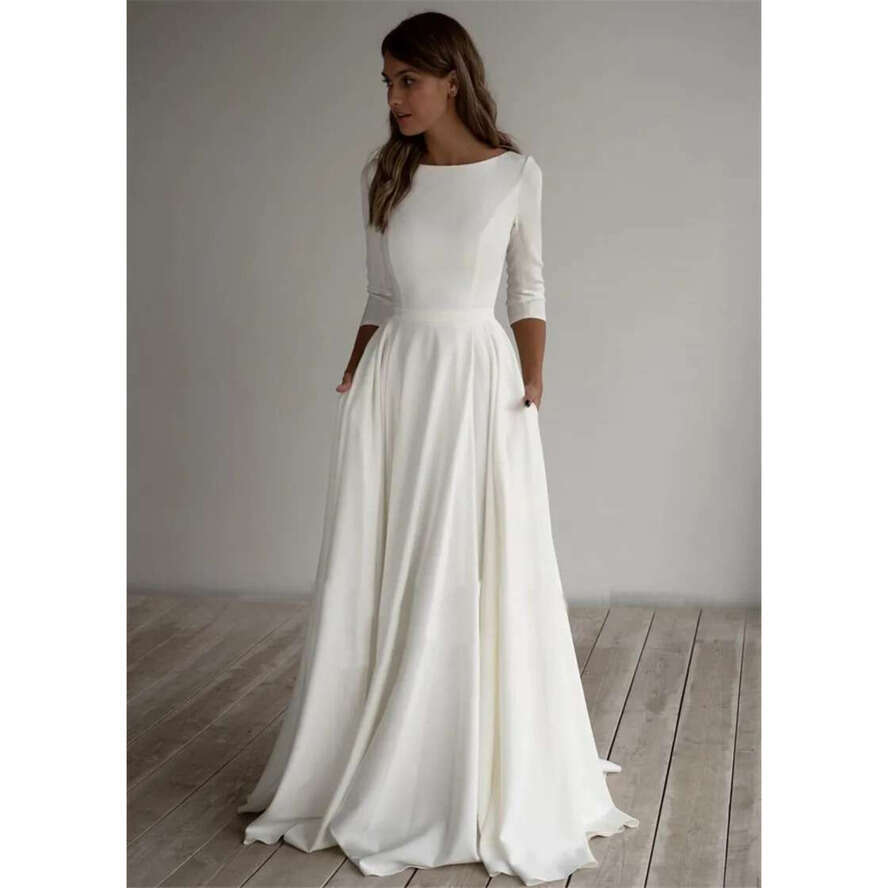 Simple Wedding Dress Long Sleeves A E Crepe Boat Neck Elegant Bridal Dresses With Pockets Plus Size Robe De Mariee