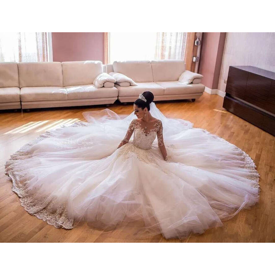 New Modern Sexy Arabic Long Sleeves A E Wedding Dresses Illusion Lace Appliques Crystal Beaded Tulle Plus Size Formal Bridal Gowns