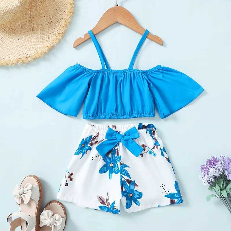 Summer halter shorts printed bow Korean version of cool street fashion in childrens two-piece set X250224