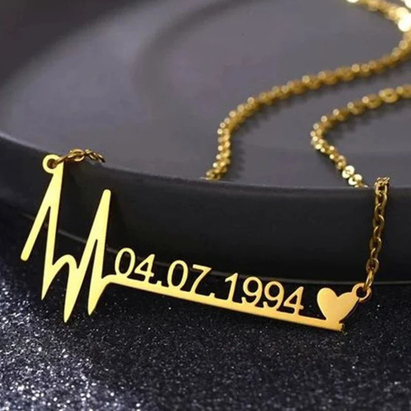 Custom Name Heartbeat Date Necklace Stainless Steel Jewelry Birthday Gift for Wife Lucky Numbers Pendant Women Chokers 250117