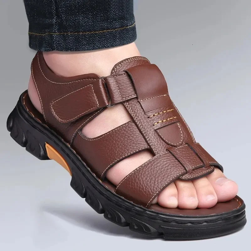 Mens Sandals Adjustable Solid Color Shoes Summer Casual Comfort with Durable Rubber Sole Breathable PU for Outdoor Walking 250224