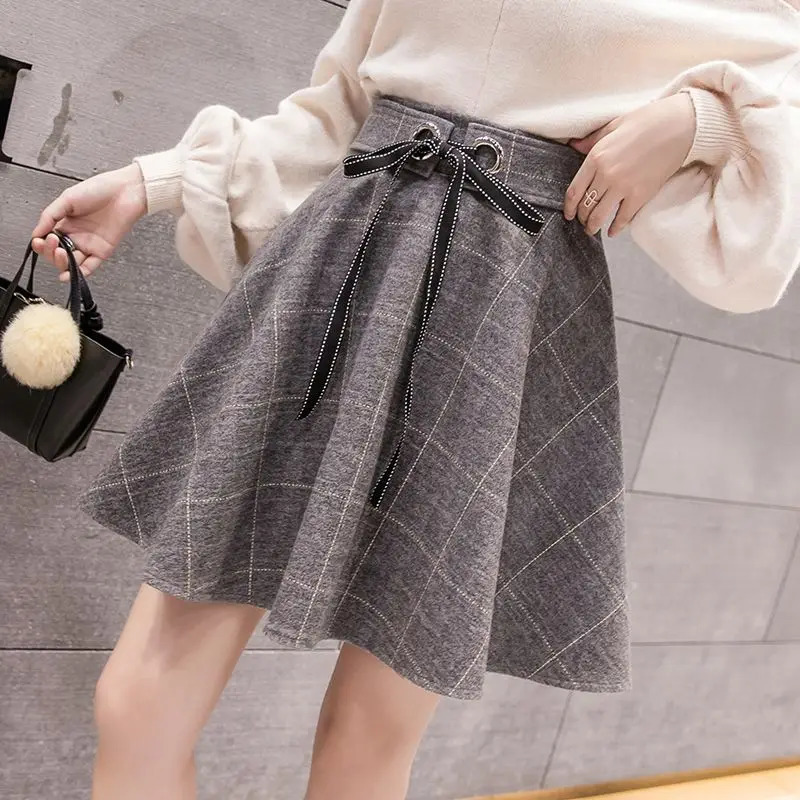 Woolen Plaid High Waist Skirt Women Korean Slim Mini A-line Lace up Ball Gown Skirt Autumn Winter Preppy Style Skort Female 250224