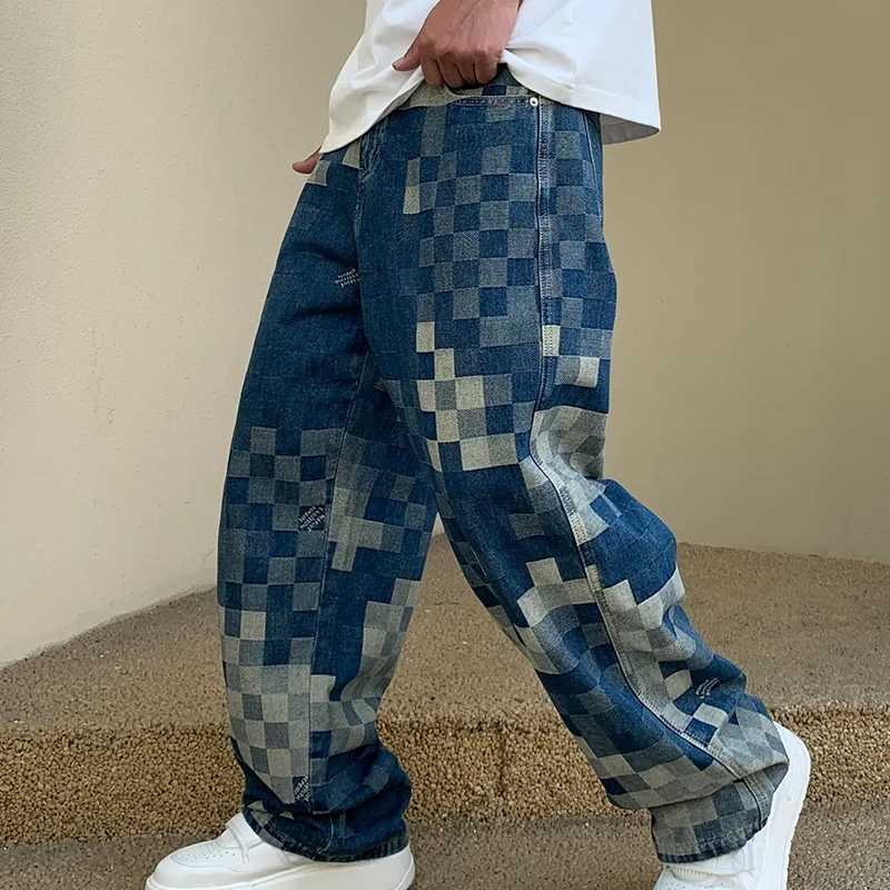 Men's Jeans Mosaic checkerboard jeans mens fashionable and personalized design loose straight leg street hip-hop Y2K unique trendy pants z250225
