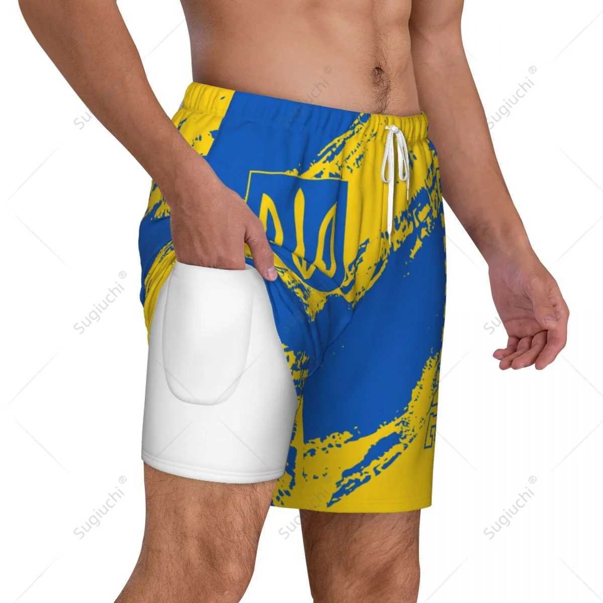 Ukraine Flag 3D Mens Swimming Beach Surfing Pants Swim Shorts Trunks Compression Liner 2 in 1 Quick-DryXJ250224