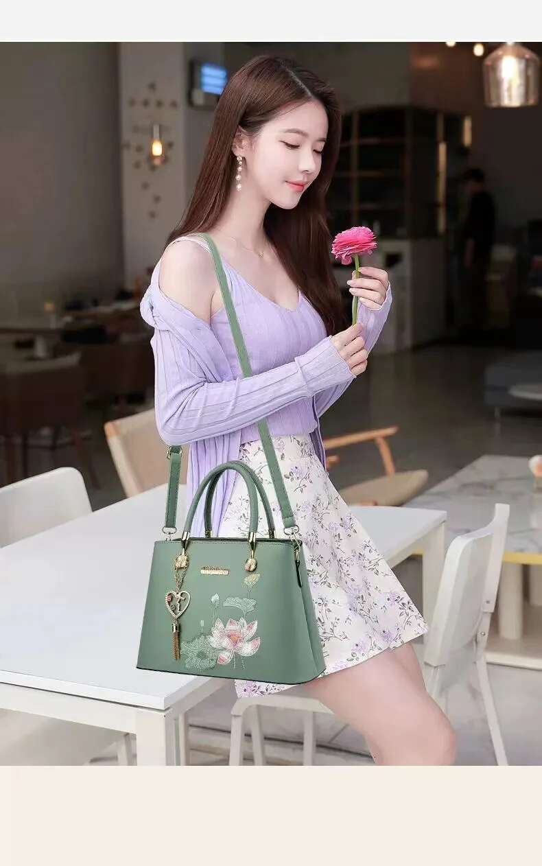 Embroidery lotus Crossbody 2024 Thread Handbag Pu Leather Women Shoulder Bags Brand Sequined Tassel Bag