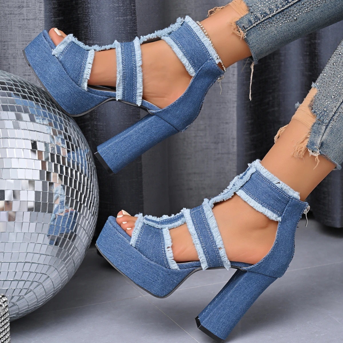 Summer Women Sandals Platform Blue Denim Ankle Strap High Heels Shoes for Women Fashion Outdoor Sexy Peep Toe Sandals Women 250218