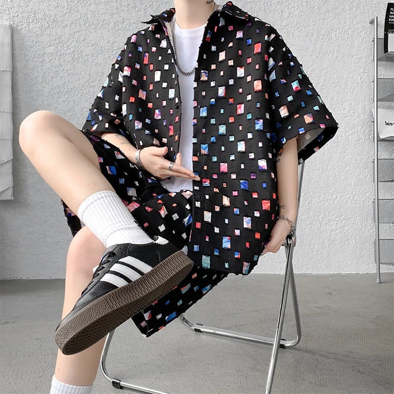 Cotton Hollowed Out Set Men Summer Short Sleeved Shirt Sets Men Streetwear Korean Loose Colored Plaid Sets Mens Plus Size 5XL 250224