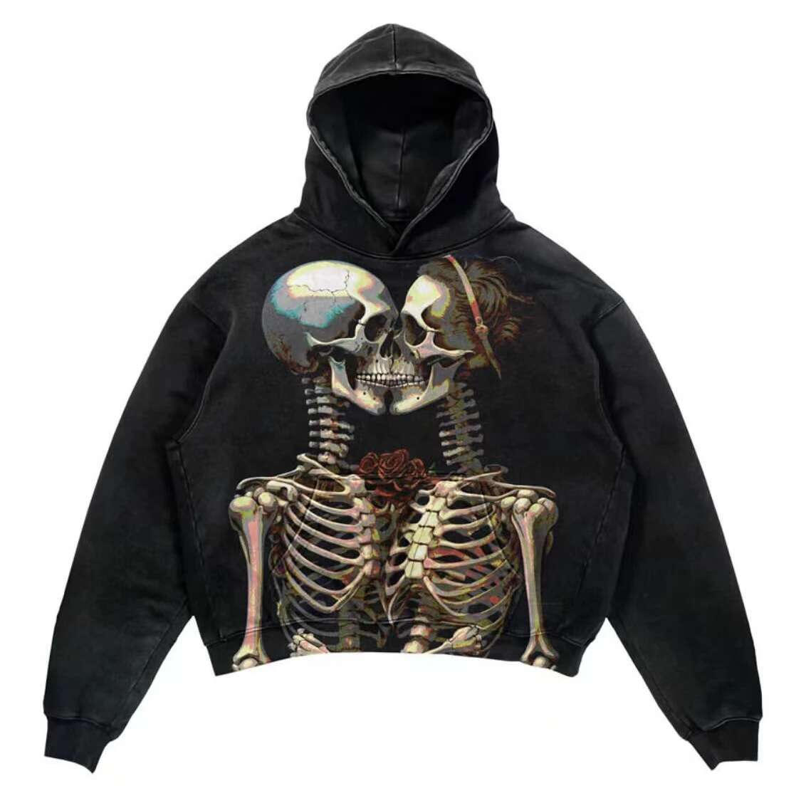 Retro sweatshirt skull print flame Y2K retro hooded pullover jacket street style goth casual fashion men's Haruku top