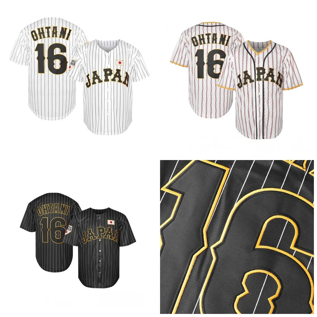 IN STOCK Mens Japan 16 OHTANI Baseball Jersey Embroidered Jersey White Black Stiched Nmae Number