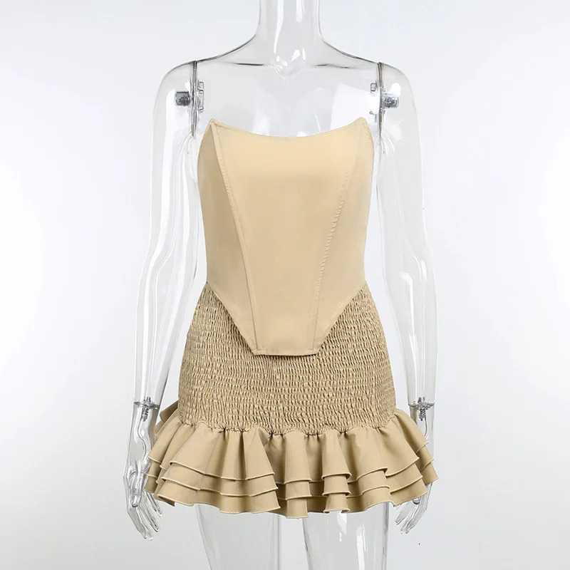 BKLD 2024 Spring Summer Sexy Solid Color Two Piece Sets Women Outfits Corset Waist Strapless Crop Tops And Ruffle Skirt Sets 250224