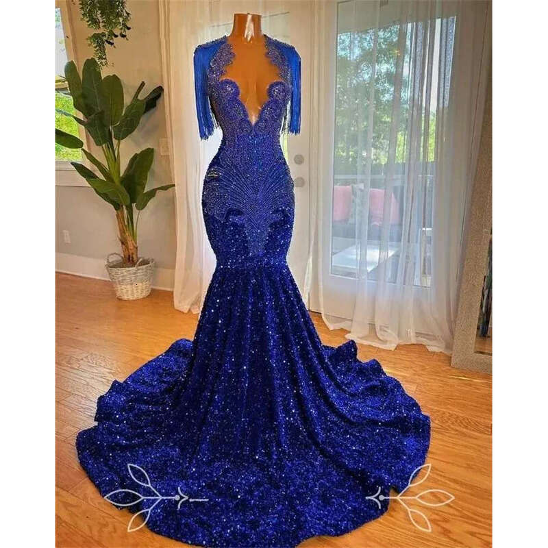 Sparkly Royal Blue Dias Long Prom Dress Glitter Beads Crystal Rhies Sequins Shiny Birthday Party Evening Gowns Robe