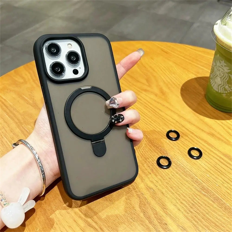 Matte Ring Holder Glass Lens Phone Case For iPhone 16 16e 15 14 13 12 11 Pro Max Plus Samsung S25 S24 S23 S22 Ultra Plus For Magsafe Wireless Magnetic