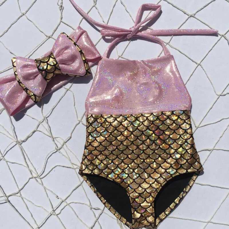 Kids Baby Girl Mermaid Swimwear One-piece Bow Bikini Swimsuit Headband Bathing Suit Beachwear Swimming Costume X250224