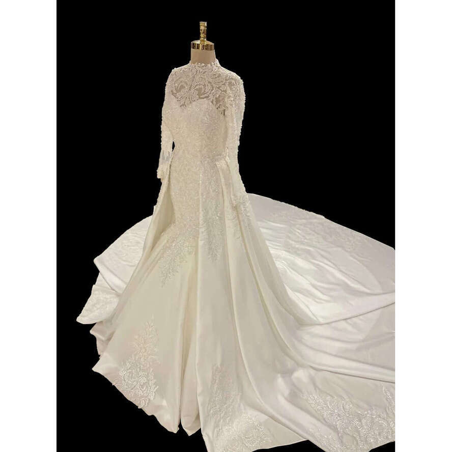 Elegant Mermaid Wedding Dresses High Collar Long Sleeves Bridal Gown Lace Detachable Train Dress Custom Made