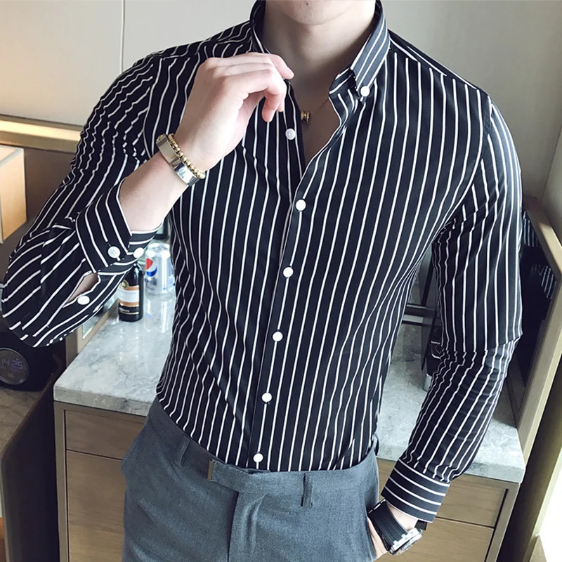 Mens Shirts Korean Clothing Long Sleeve Striped Social For Men Business Casual Formal Blouse Homme 5XLM 250222