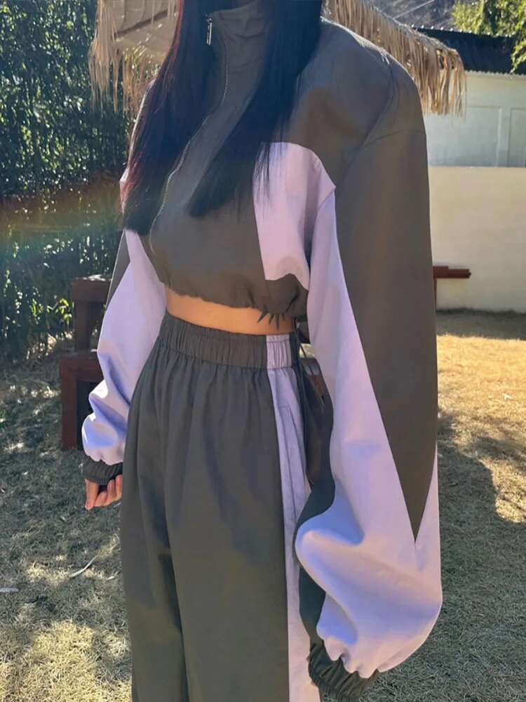 Getspring Women Pant Sets 2024 Autumn Color Matching Quick Drying Short Top Drawstring High Waist Loose Long Wide Leg Two Pieces