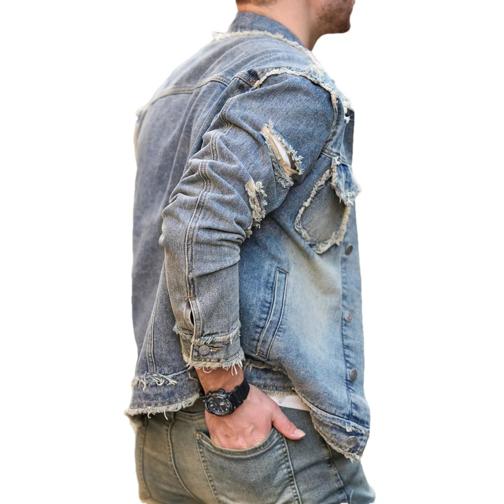 Street Stylish Retro Style Holes Slim Street Denim Jacket Coat Good Quality Distressed Male Casual Denim Jacket 250224