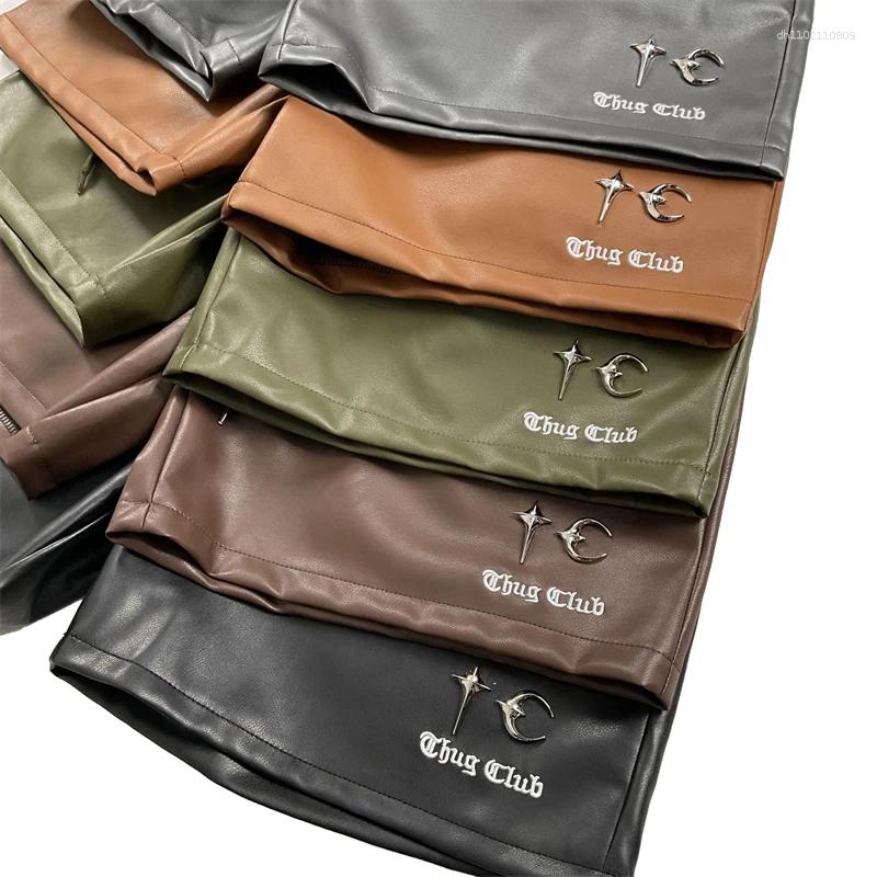 Men's Shorts High Street Vintage Metal Logo PU Leather Short Pants Summer Men Women Loose Drawstring Casual Trousers