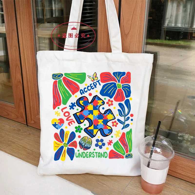 Accept Love Understand Graphics Women Handbags Harajuku Autism Shoulder Bag Fashion Autism Tote Shopping Bag Side Bag Ladies Z250224