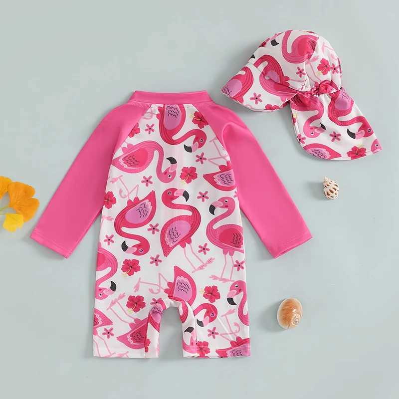 Baby swimsuit print ruffled sleeves zipper back Rush protective swimsuit Sunhat set X250224