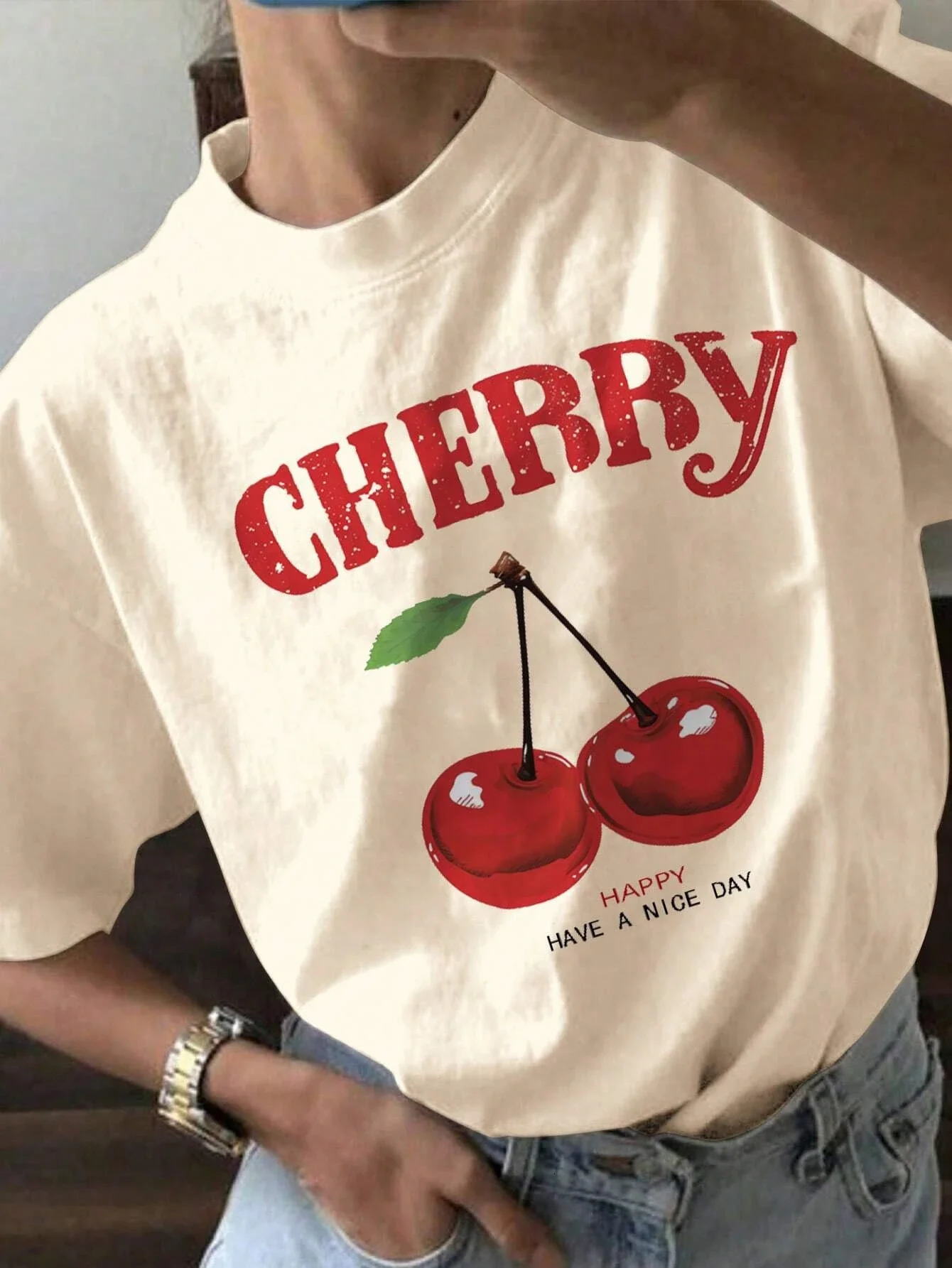 Cherry Cartoon Printed Graphic Women Cotton T-shirt Y2k Summer Fashion Round Neck Short Sleeve Tops Vintage Casual Tee 3XL 250224