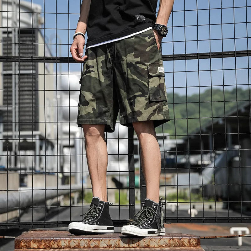 Summer Mens Outdoor Camouflage Cargo Shorts Pocket Cotton Casual Half Pants Mid Waist Drawstring Loose Bib Overalls 7XL 250214