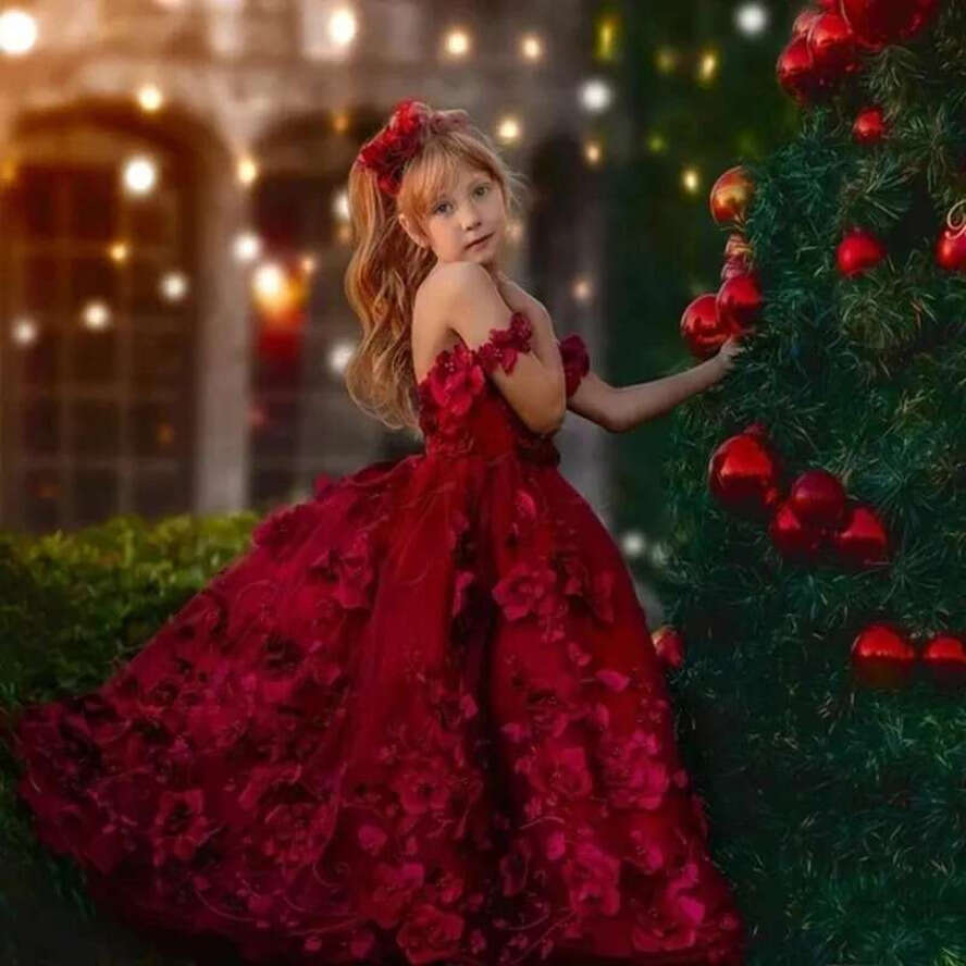Red Dark Spaghetti Strap D Wer Girls Dresses Pearls Child Prom Party Gown Corset Back Kids Photography Dress