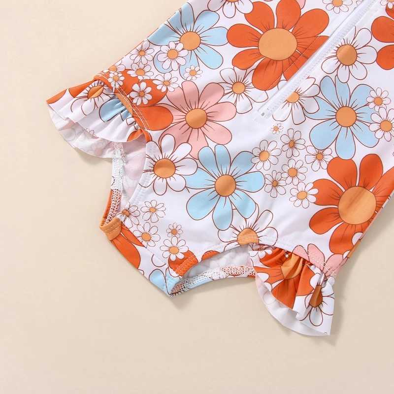 2022-12-12 Womens 0-24M Infant Girls Summer Swimsuit Flower Print Long Sleeve Zipper Closure Ruffle Bikini Swimming Cap X250224