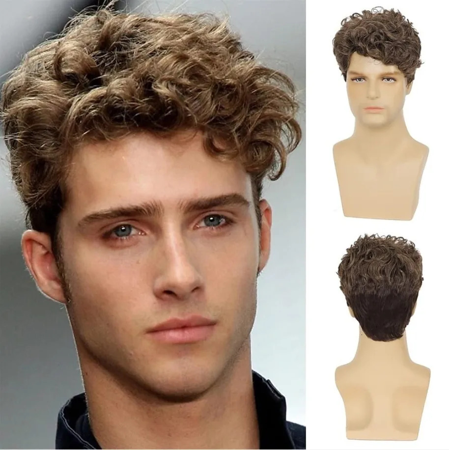 Brown Synthetic Wig Short Curly Hair Fluffy Fashion Men Short Curly Hair High Temperature Silk Chemical Fiber Head Cover 250224