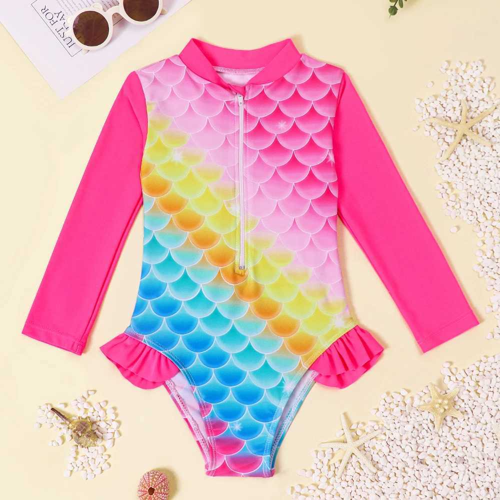 Girls long sleeved swimsuit one-piece swimsuit childrens striped rainbow swimsuit Hawaii beach swimsuit surfing X250224