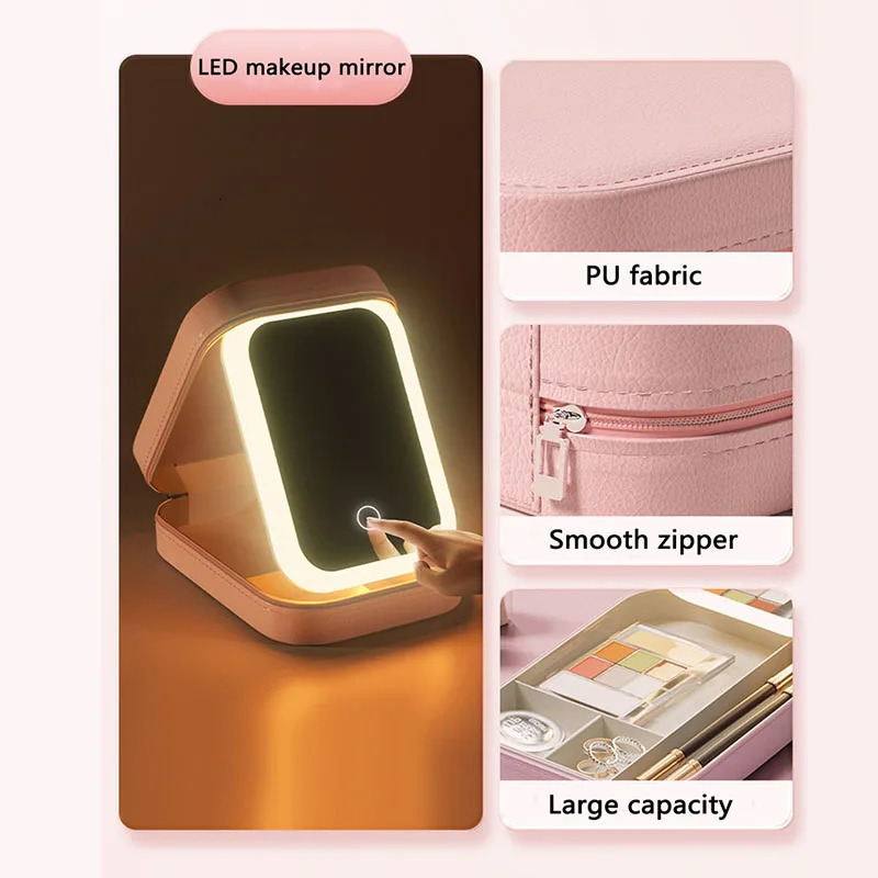 LED Lighted Cosmetic Case With Mirror PU Leather Portable Travel Makeup Storage Bags Waterproof Travel Makeup Bag 250224