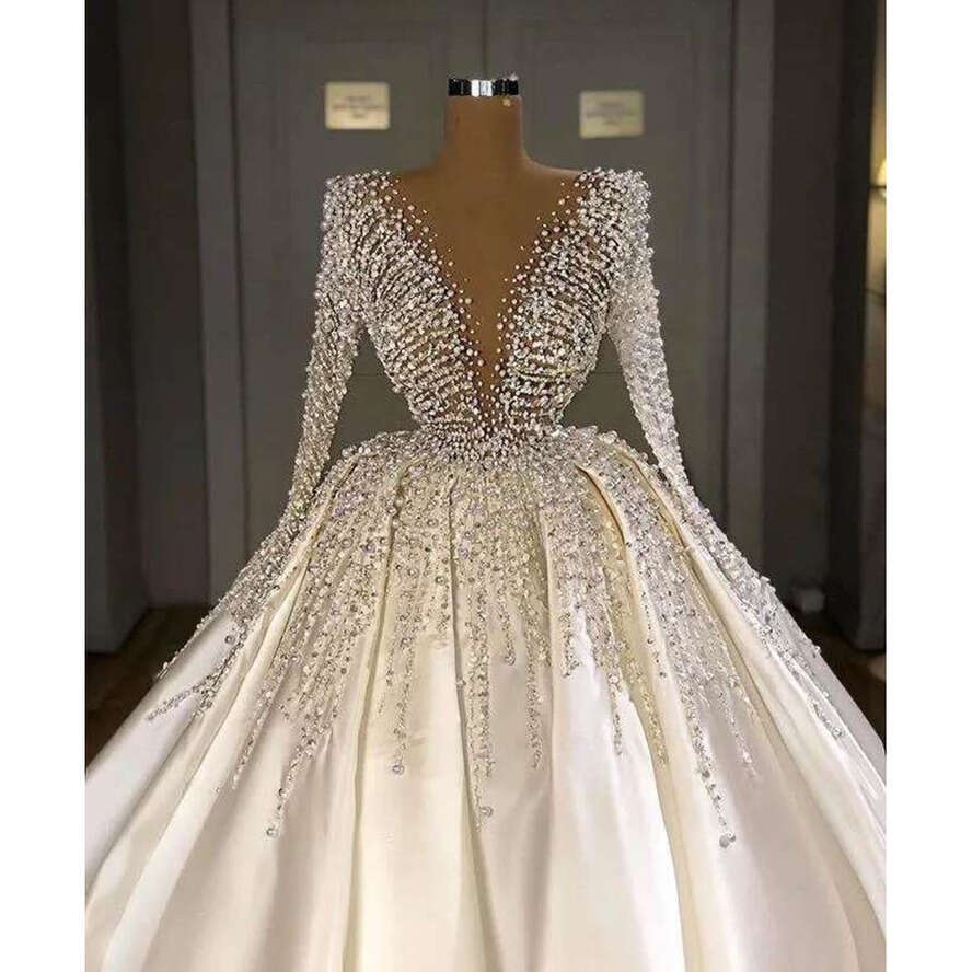 White Satin Turkish A E Wedding Dresses Dubai Arabic Long Sleeve Bridal Gowns Beaded Crystal Bride Dress Middle East