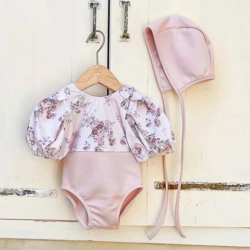 2024 New Summer Infant Baby Girls Swimsuit+Hat 0-3Yrs Kids Swimwear Toddler Baby Girls Beachwear Short Sleeved Printing Rompers X250224