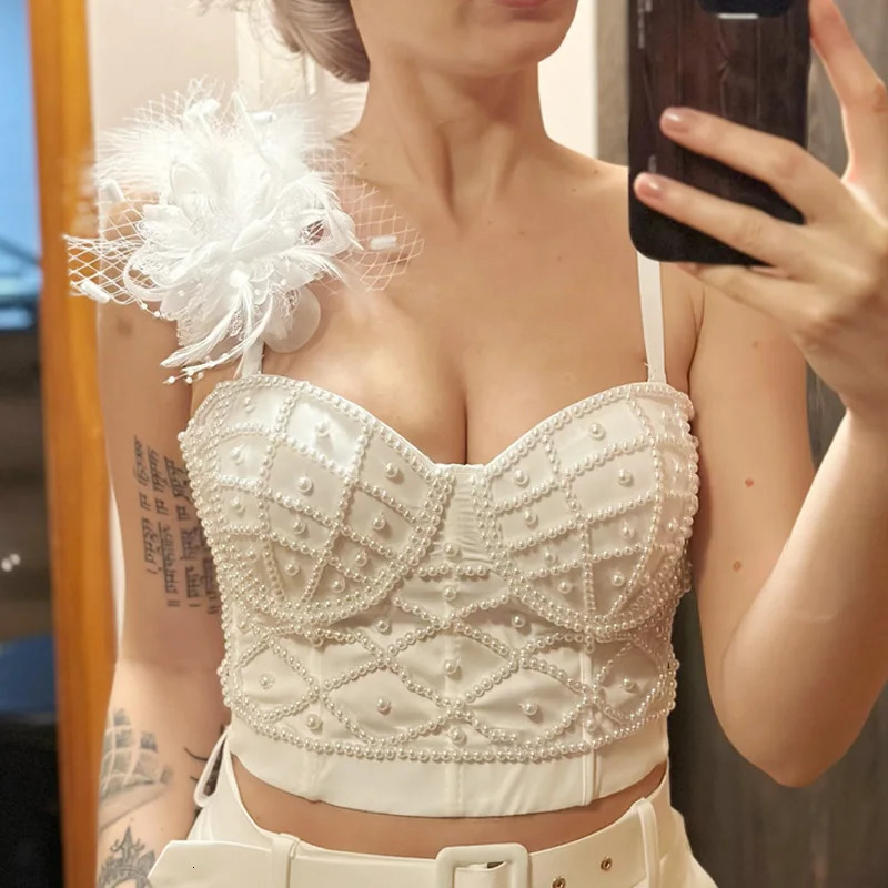 Full Beads Female Corset Top Women Nightclub Shirt Pearls Short Chest Binder Sexy Camisole Lingerie Tube Bra Debardeur 250222