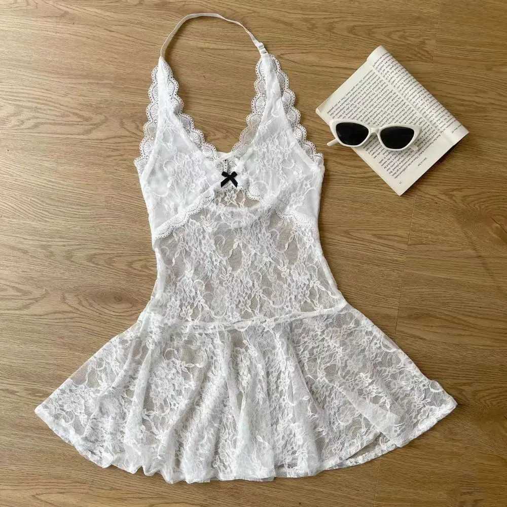 Fashionable transparent lace camisole dress A-line V-neck lace camisole short sleeved dress sweet streetwear womens clothingXJ250224