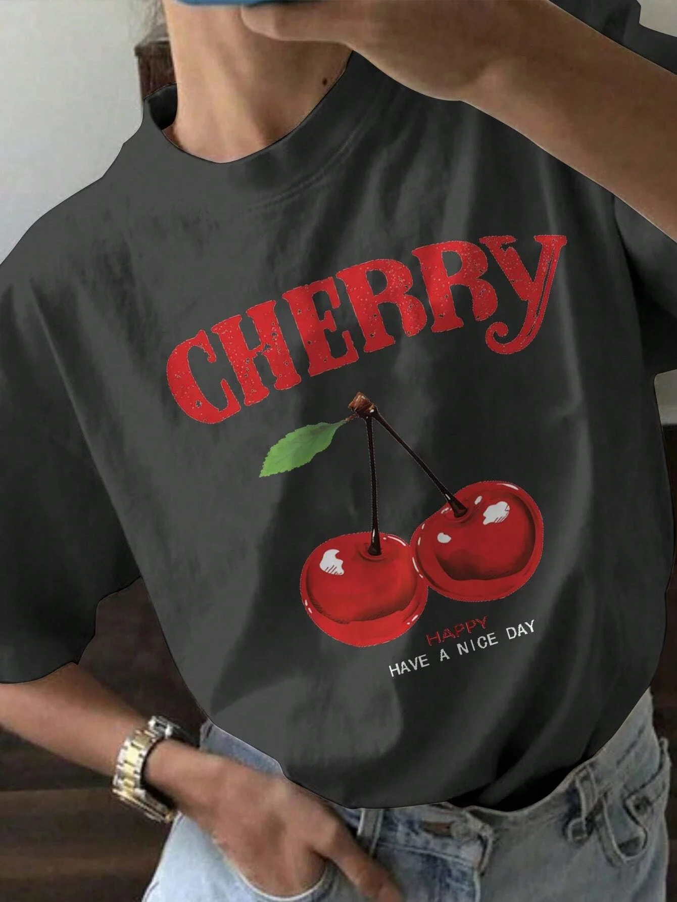 Cherry Cartoon Printed Graphic Women Cotton T-shirt Y2k Summer Fashion Round Neck Short Sleeve Tops Vintage Casual Tee 3XL 250224