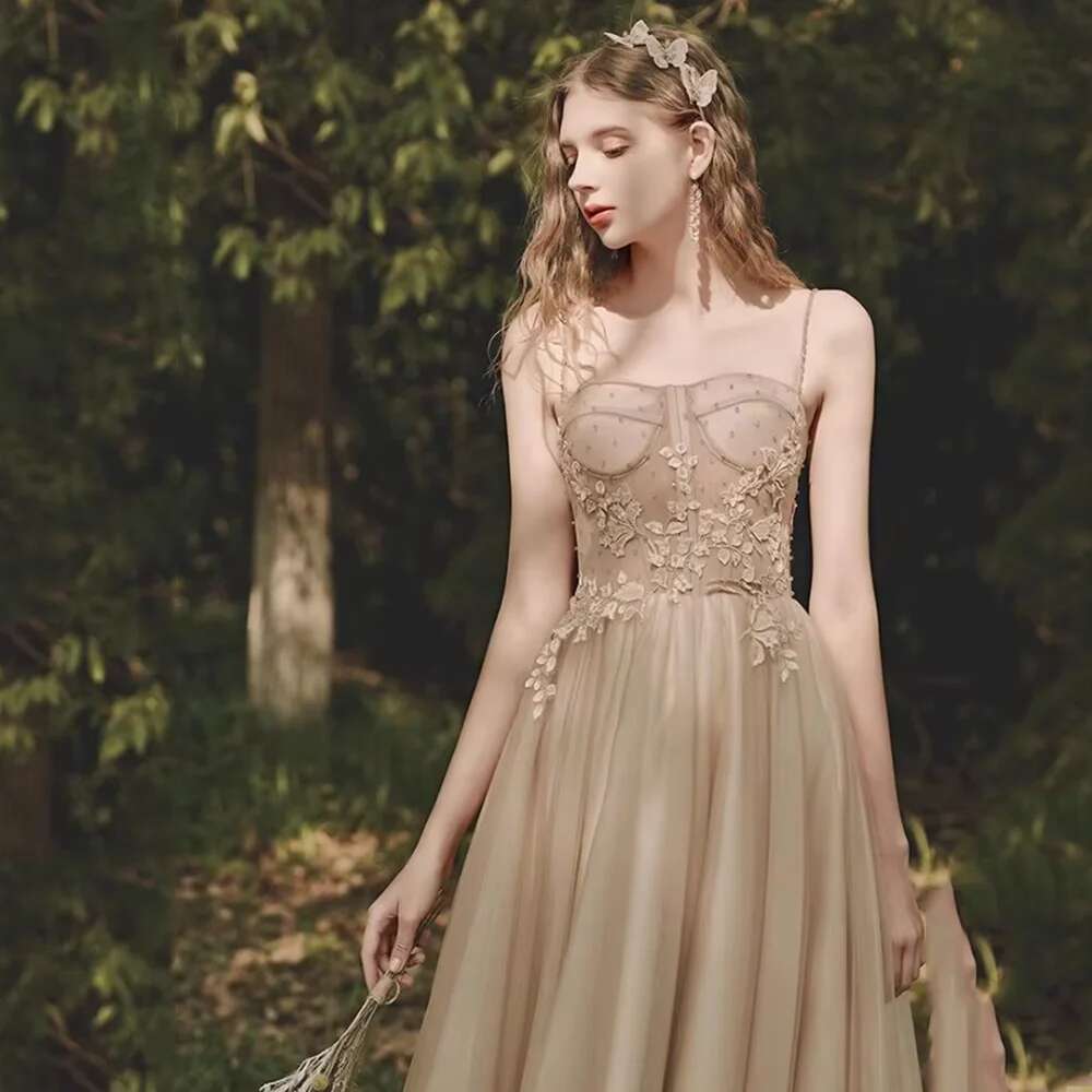 Stylish Champagne Spaghetti Appliques Night Back Lace Up Ankle And Fashion Princess Dress Ball Party prom Dresses