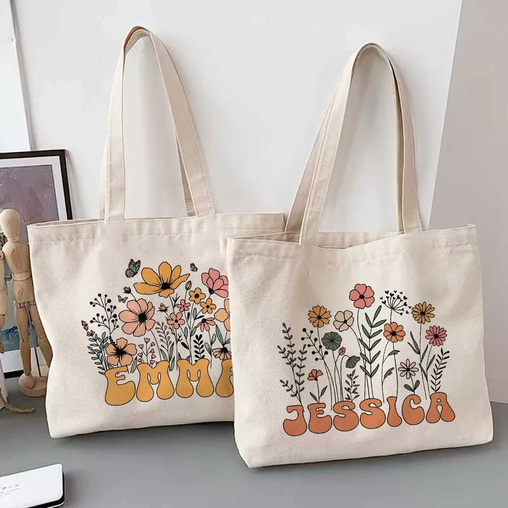 Personalized Flower with Name Tote Bag Women Canvas Shoulder Bags Monogram Shopping Bag Handbags Birthday Wedding Gifts For Her Z250224