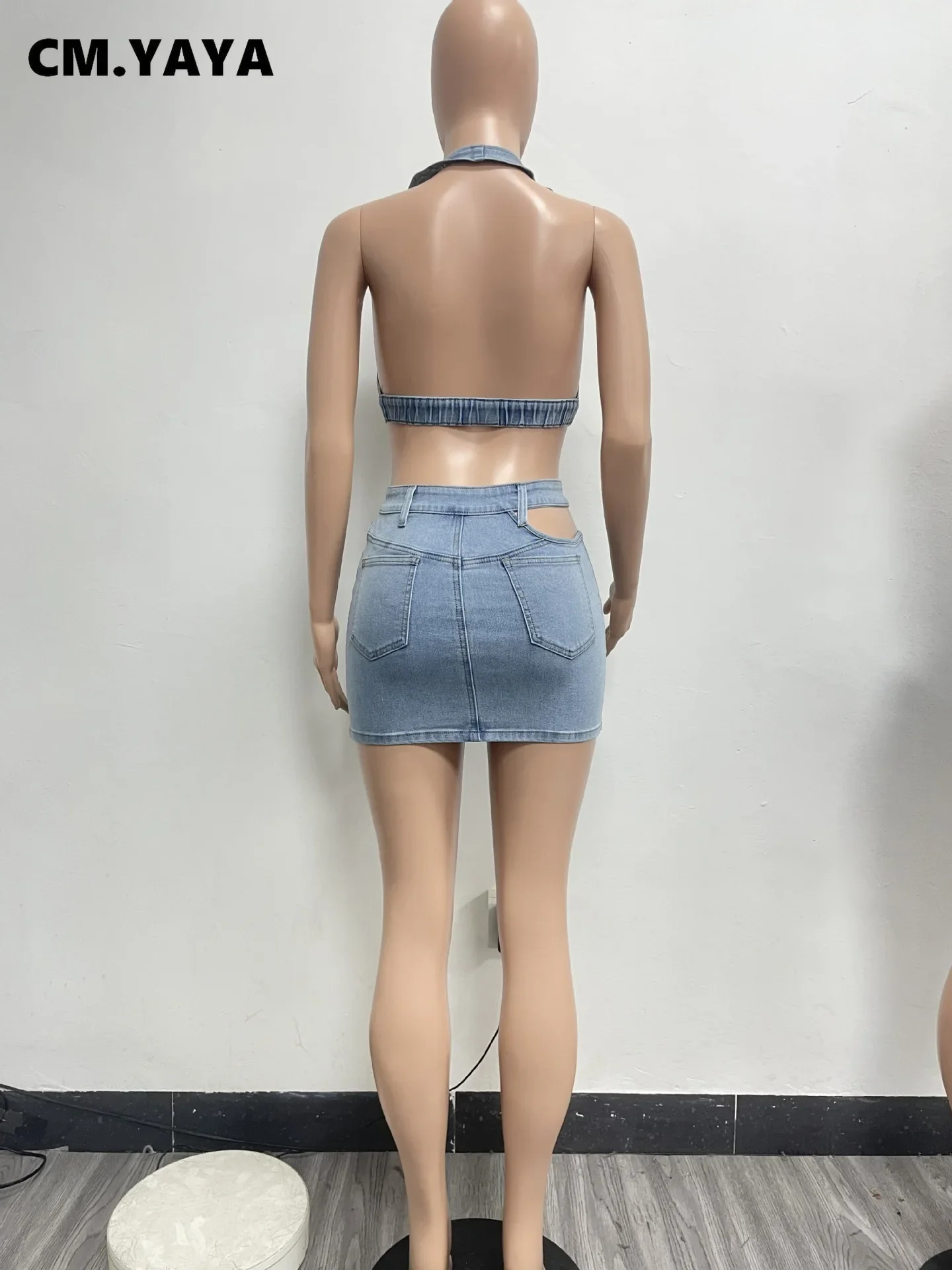 CM.YAYA Summer Denim Women Set Sleeveless Halter Vest Tops and Jeans Skirts Street Backless Two 2 Piece Sets Outfit Tracksuit 250224