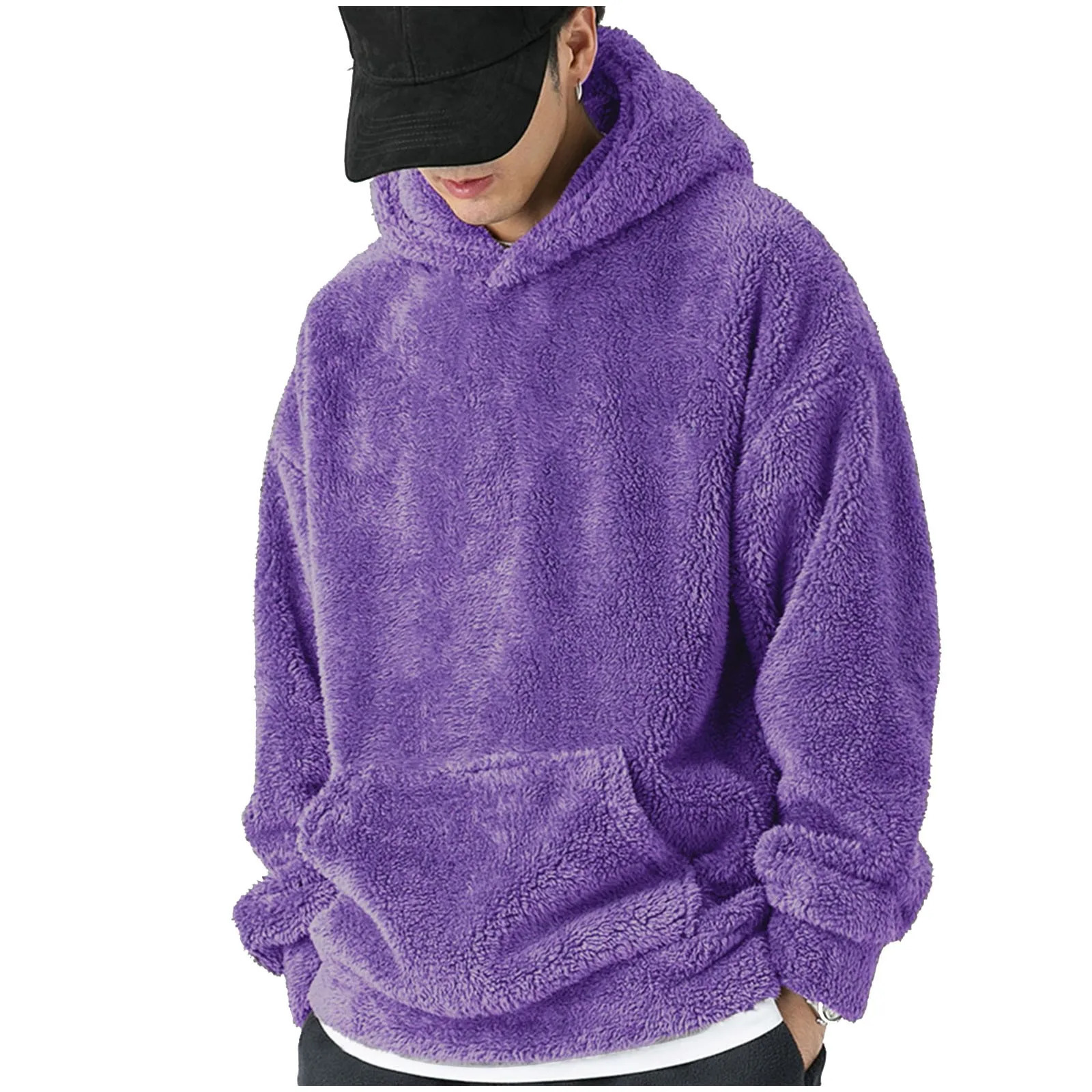 MenS Round Neck Long Sleeved Coral Fleece Hooded Sweatshirt Winter Warm Thickened Solid Color Oversized Hoodies 250224