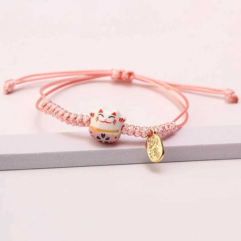 Simple Ceramic Lucky Cat Braided Bracelet for Women Cute Animal Kitten Hand-woven Adjustable Bangles Party Harajuku Jewelry GiftXJ250225