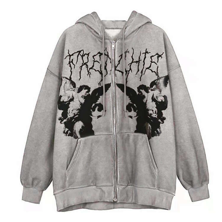 Women's autumn and winter street fashion print loose hooded cardigan hoodie