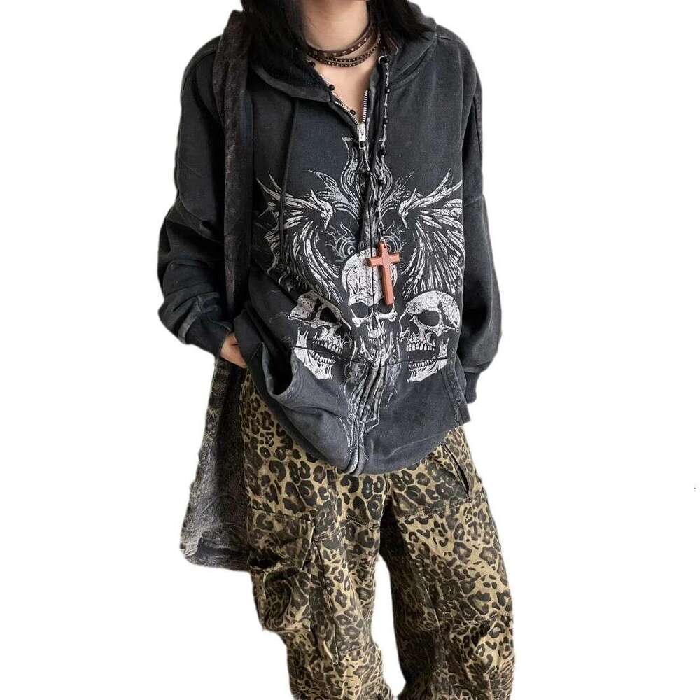Dark Y2K Gothic style autumn/winter American skull print zipper hooded with plush niche sweatshirt jacket