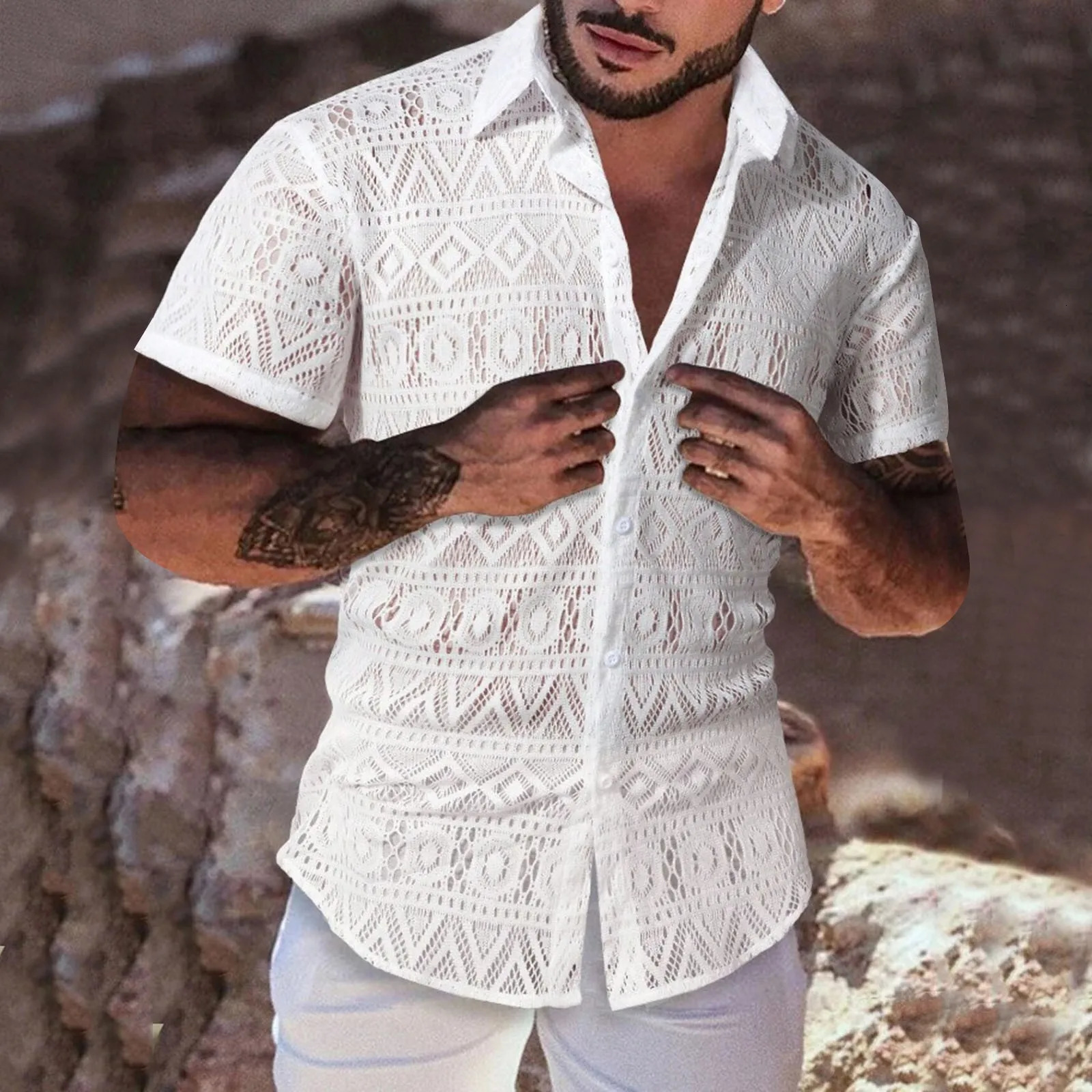 Crochet Party Beachwear For Man Summer See Through Shirts Mesh Lapel Night Club Clothing Short Sleeve Casual Festival Outfit 250222