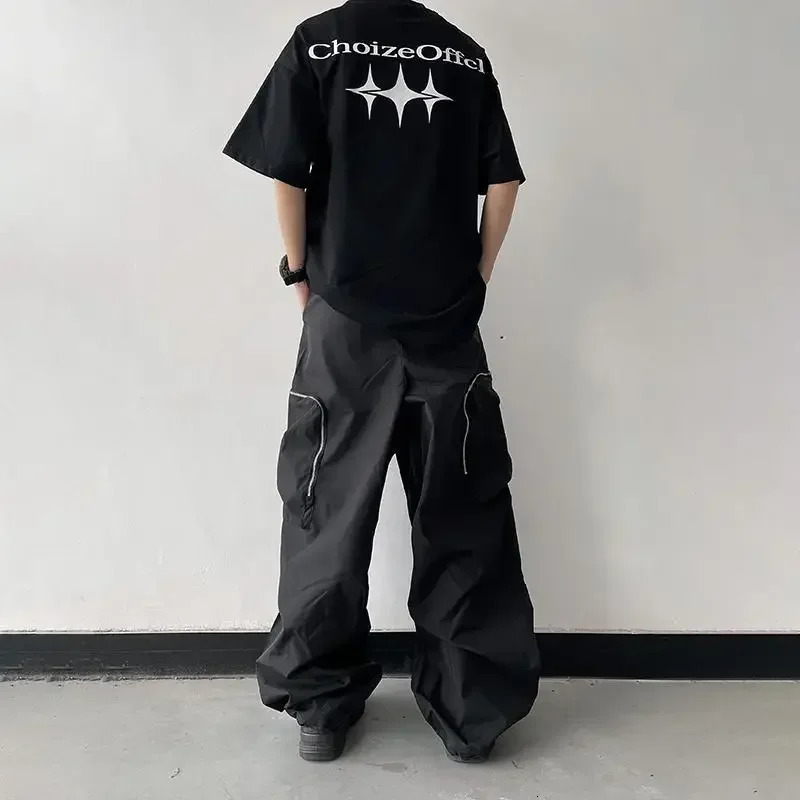 Trendy Zipper Multi Pocket Oversized Casual Elastic Waist Trousers for Men Loose Retro Neutral Hip-hop Cargo Pants 250225